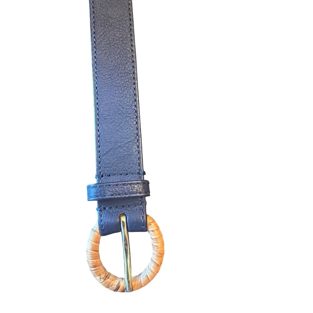 Talbots Belt Navy Blue Leather Woven Raffia Buckle Coastal Preppy Gold Tone Slim